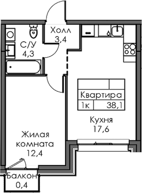 1-комнатная квартира 38.1 м², 3/12 эт., ЖК «Шкиперский 19»